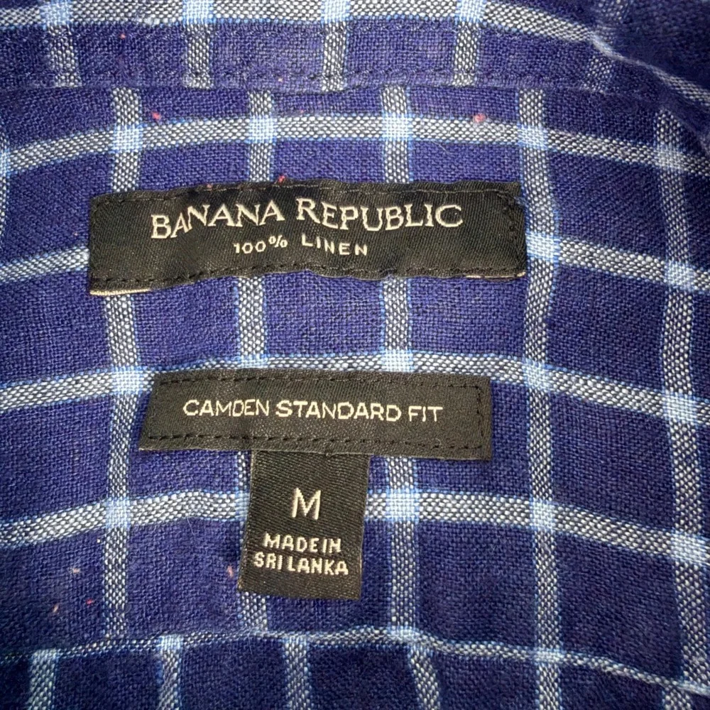 Banana Republic Camden Men Shirt M 100$ Linen Windowpane Plaid Blue EUC